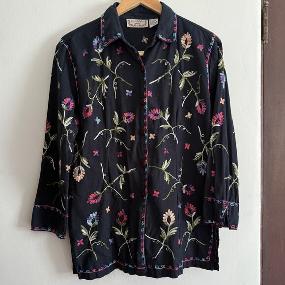 Life Style Black Linen cotton Blend Floral Embroidered Tunic Shirt Petite Large - Picture 1 of 5